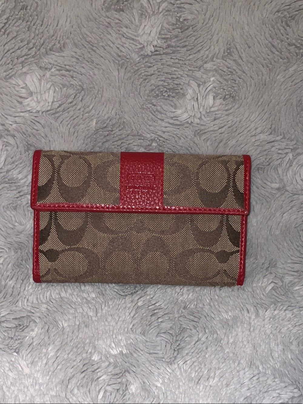 Coach Brown Signature Canvas Card Holder with Red Trim